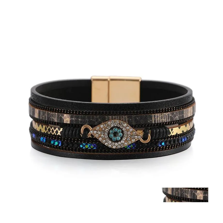 Charm Armband Turkiet Evil Eye Leather Rhinestone Blue Eyes Mti Layer Pu Armband Drop Leverans smycken DHQ19