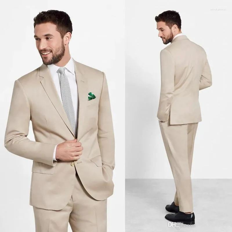 Herrdräkter beige strand män bröllop smal fit tuxedos två knapp brudgum formal prom party sidovent blazer byxor kostym homme mariage