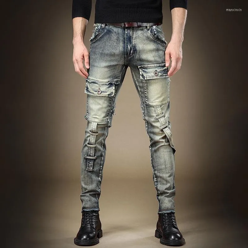 Herren Jeans Herren Männlich American Retro Washed Overalls Herbst Winter Zerkratzte Kanten Slim-Fit Denim Hosen Kleine Füße