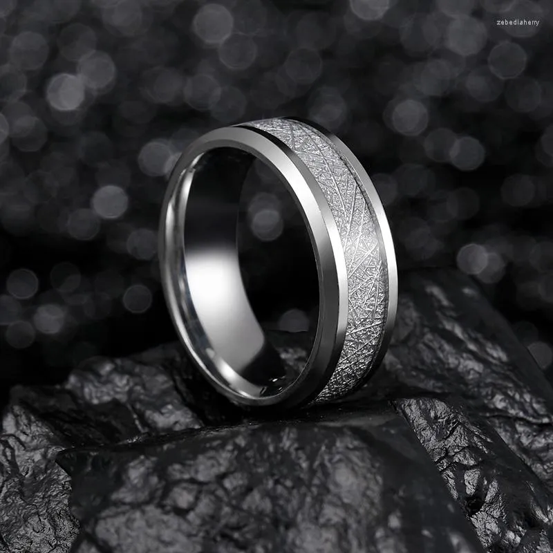 Bröllopsringar 8mm rostfritt stål ring imiterat meteorit silverpolerat band