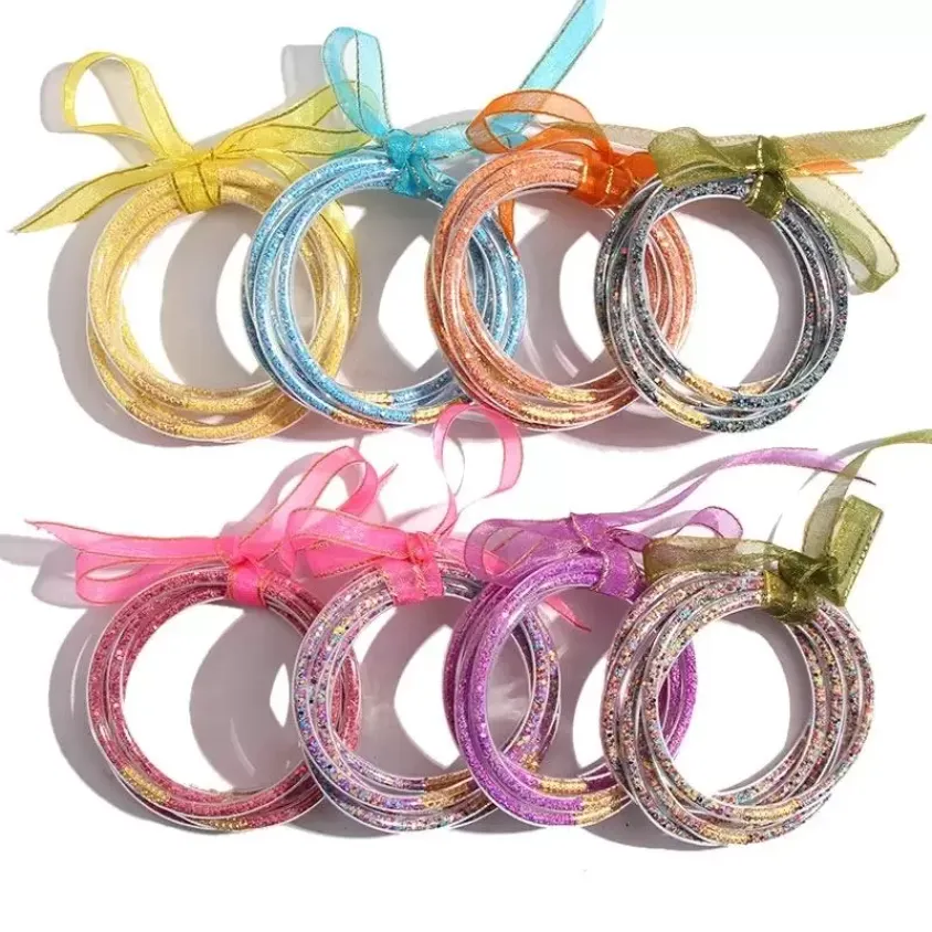 5 pc's/set Bowknot Glitter Bangles Party Girls All Weather Stack Silicone Plastic Glitters Jelly Bracelet BB0201
