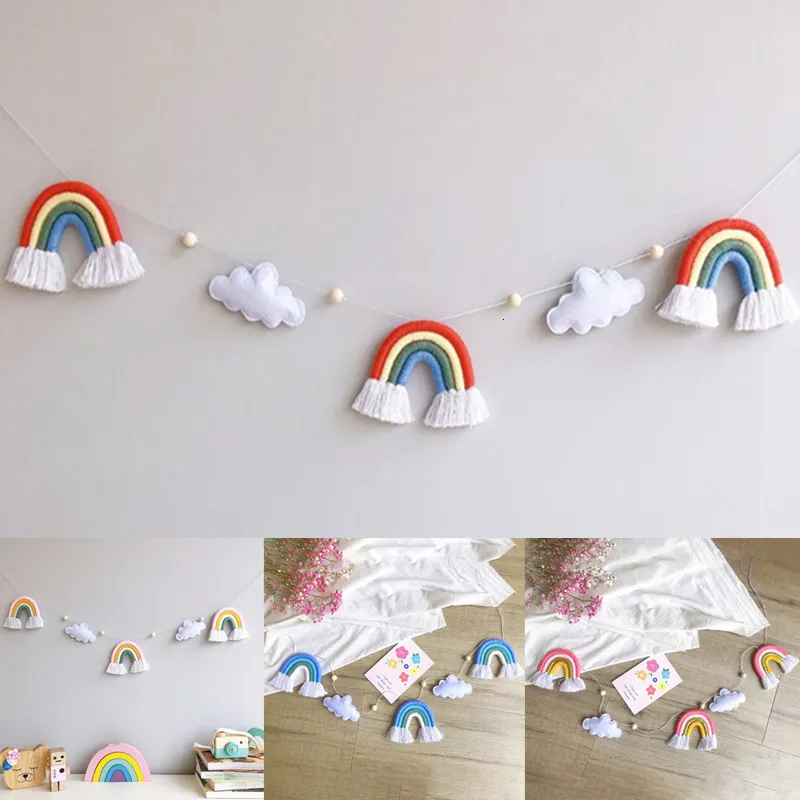 Wall Decor INS Felt Cloud Knitting Wool Rainbow Tassel Wall Hanging Decor Boho Wooden Beads Garland Pendant Kids Room Home Nursery Decor 230131