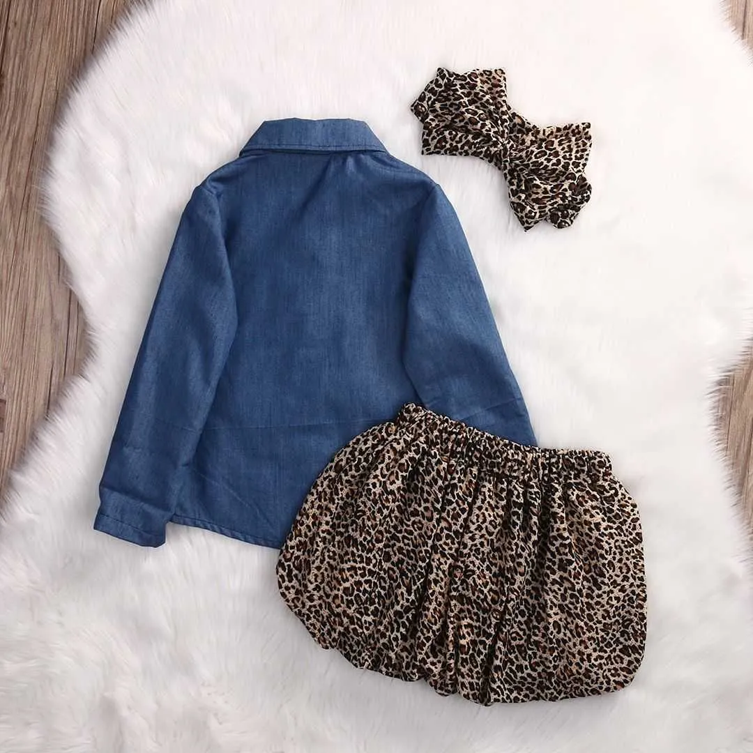 Flickans klänningar 3pc småbarn infantil baby flickor klänning mode denim skjorta leopard kjol pannband barn kläder set