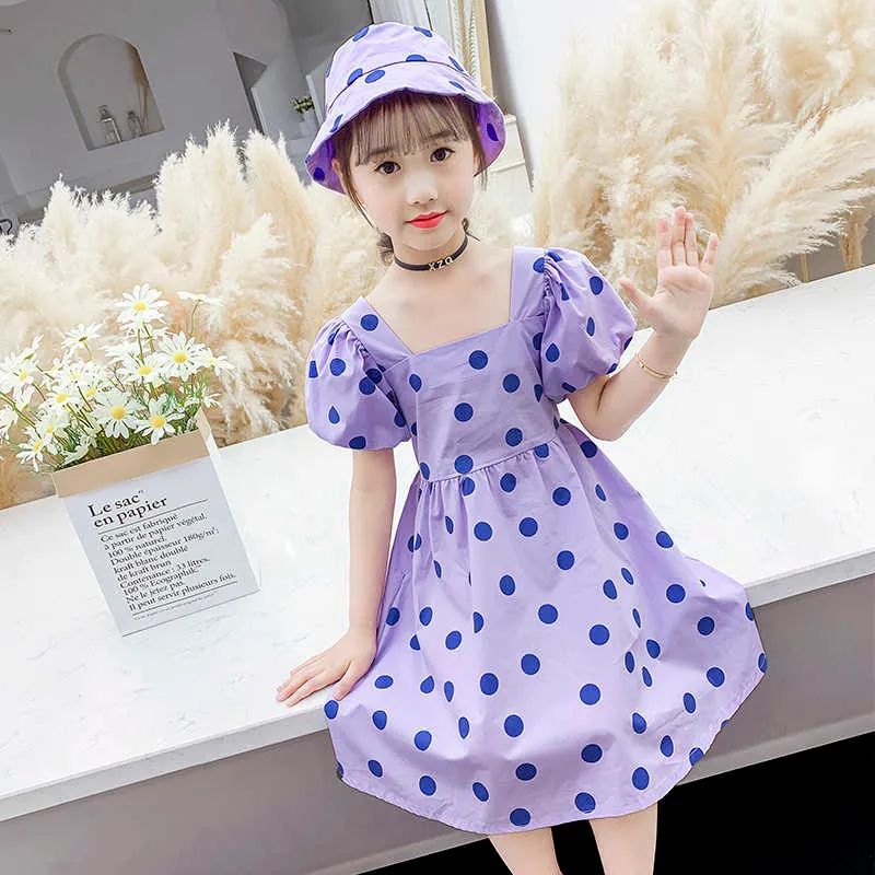 Abbigliamento estivo per bambini di moda per ragazze 3 4 5 6 7 8 9 10 11 12 13 14 15 anni Abiti a pois con maniche a sbuffo per ragazze con cappello Abito da principessa 0131