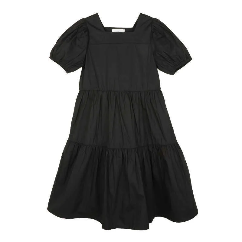 Girl's Es Kids Teen Girls Puff Sleeve Midi 2022 Nya sommarbarn Beach Dress Bomullskläder Ruffles Svartvitt #6301 0131