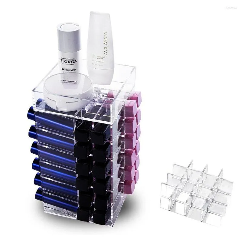 Storage Boxes Acrylic 64-Grid Rotating Lipstick Display Stand Removable Multi-Grid Rack Cosmetic Transparent Box
