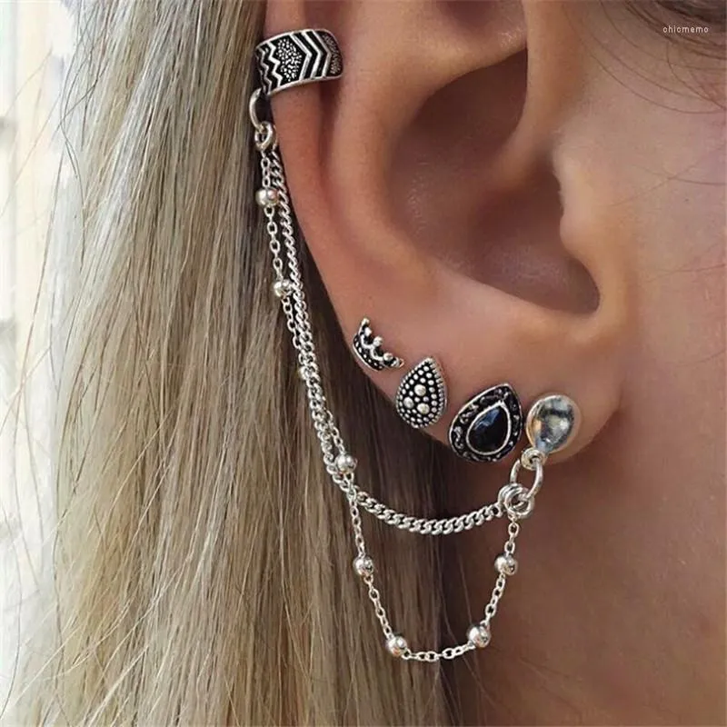 Backs Earrings Vintage Boho Style Set For Women No Piercing Ear Cuff Earring Pair Clip Climber Wrap Afrocentric Chain Ethnic Y3JD8