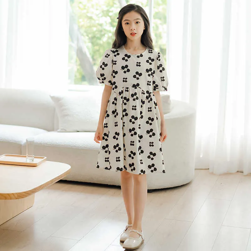 Girl's Es Girls Summer Cotton 2022 Nieuwe kinderen Bubble Mouw Princess Dress Kids Black and White Floral Printing Clothing #6974 0131