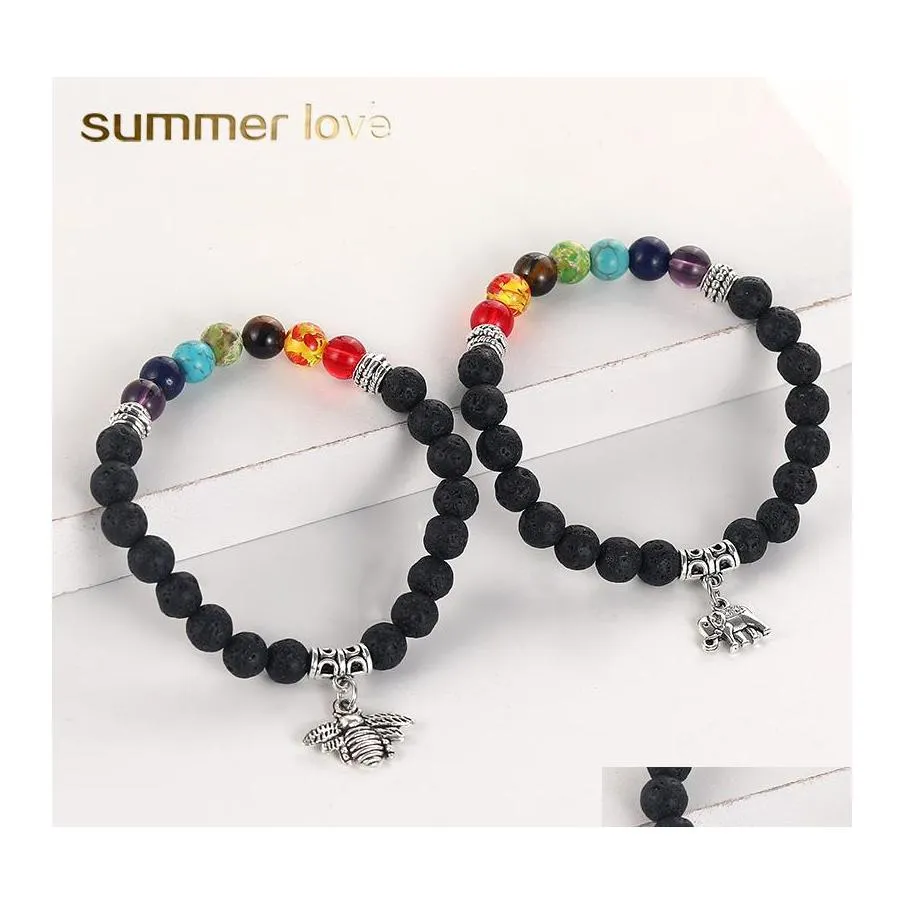 Perlenstränge 7 Chakra Lavastein Perlen Armband Biene Herz Liebe Freundschaft Elefant Engel Sonnenblume Wunsch Charm Ätherisches Öl Diffu Oteas