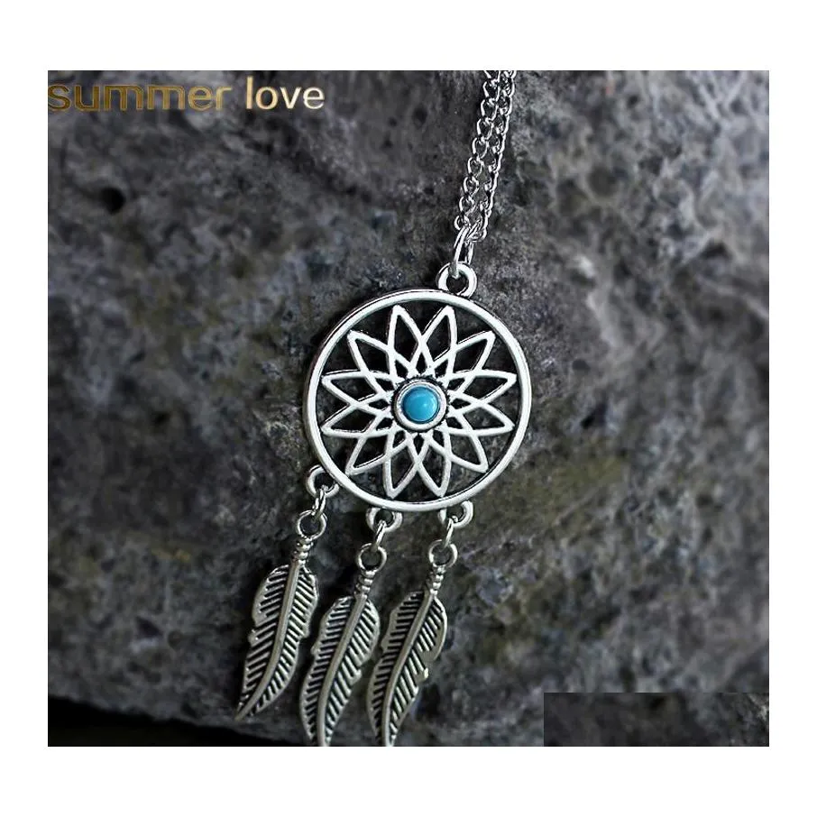 Pendant Necklaces Fashion Dream Catcher Leaves Necklace Antique Sier Color Alloy Long Chain For Women Girl Jewelry Gifts Drop Delive Otfnl