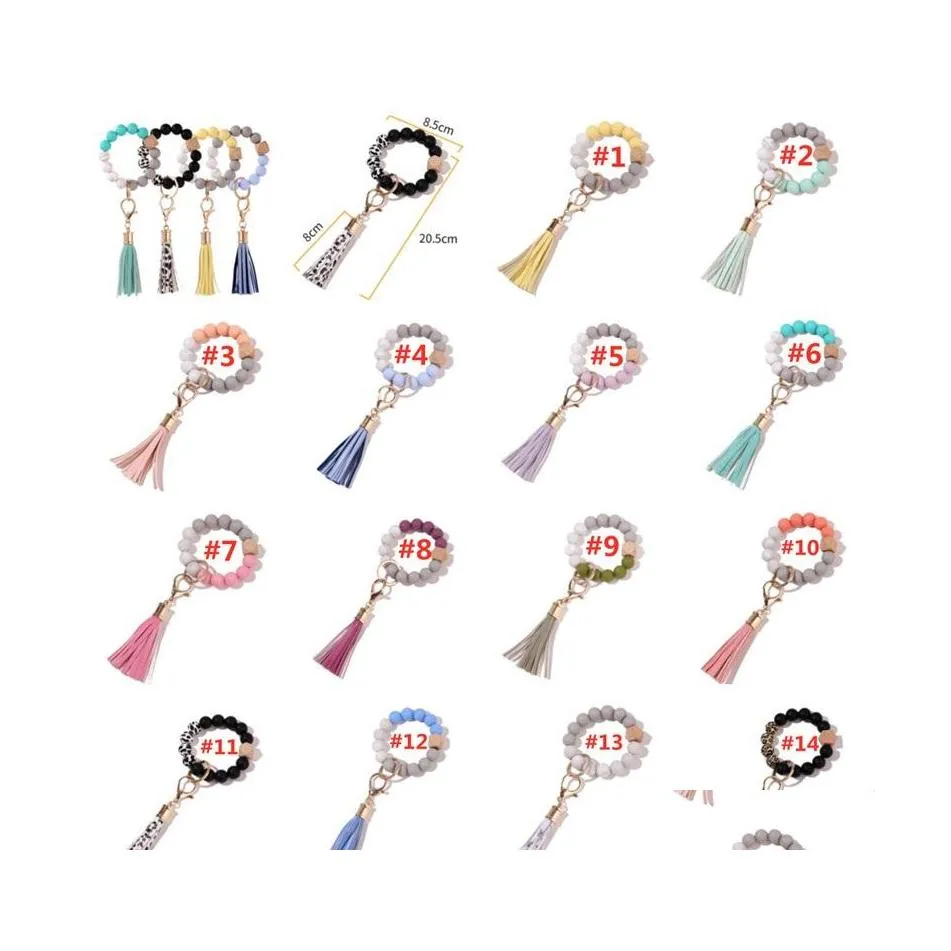 Party Favor 14 Colors Sile Key Ring Bracelet For Women Unique Stylish Beaded Bangle Wristlet Keychain Chain Circle Wrist Car Keys Ke Otc0E