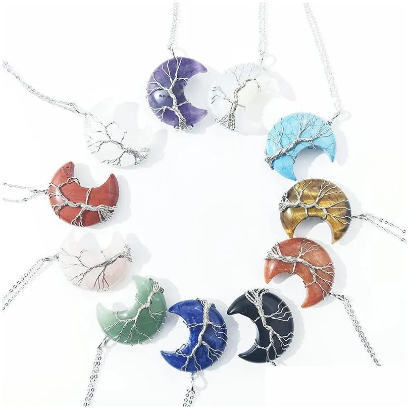 Charms Natural Crystal Crescent Moon Stone Life Hangers Rozen Quartz Draad Wrapped Trendy Sieraden maken Groothandel D Dhgarden Dhon1