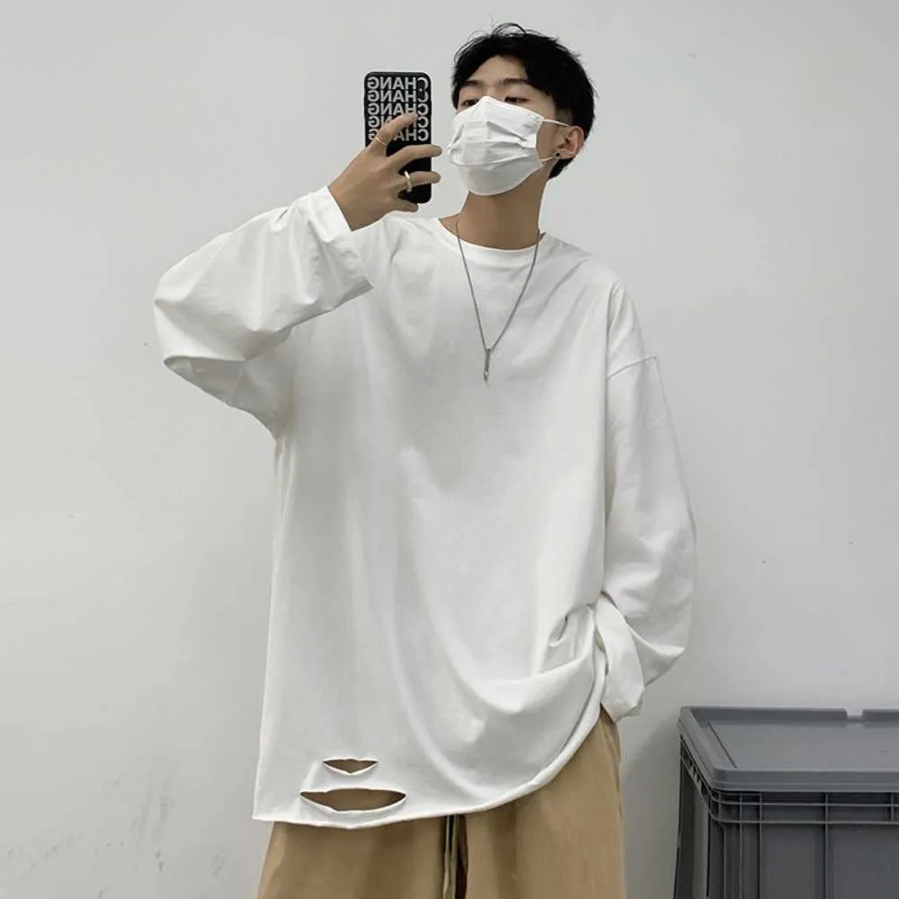 Men's T-Shirts Ripped Design Oversized Y2k Mens Solid Long Sleeve T Shirts Cotton 2022 Classic T-shirts Harajuku Men Blouse O-Neck Tops Tees Y2302