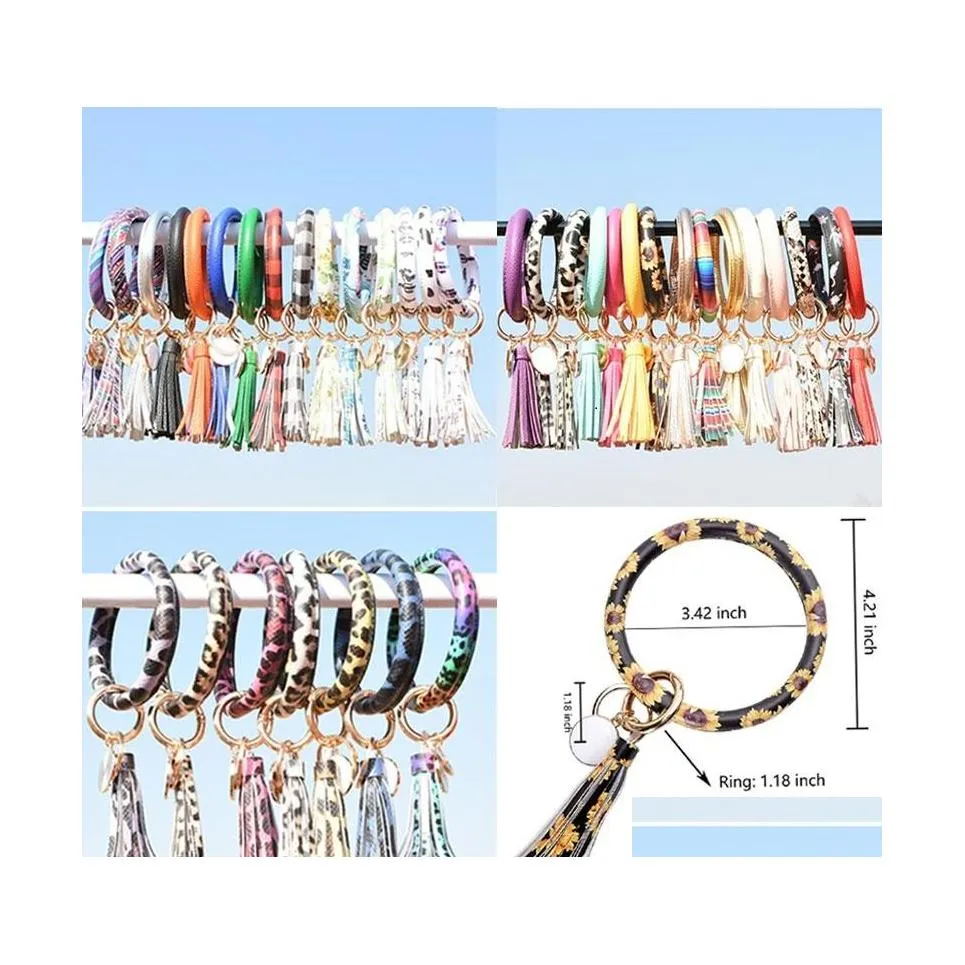 Party Favor Fashion Women Tassels Bracelets Bangle Pu Leather Wrap Key Ring Leopard Lily Print Keychain Sunflower Flag Pattern Circl Otvqg