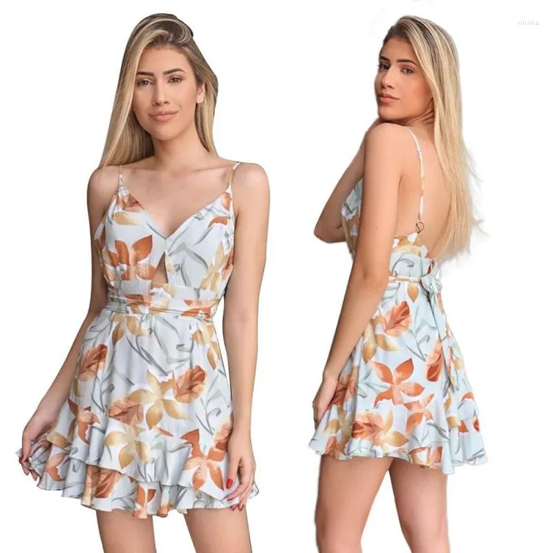 Aktiva skjortor tryckt ärmlösa rygglösa remmar V Neck Women's Summer Elegant Dress Floral Ruffle Mini Casual Beach Dresses Girl 2023