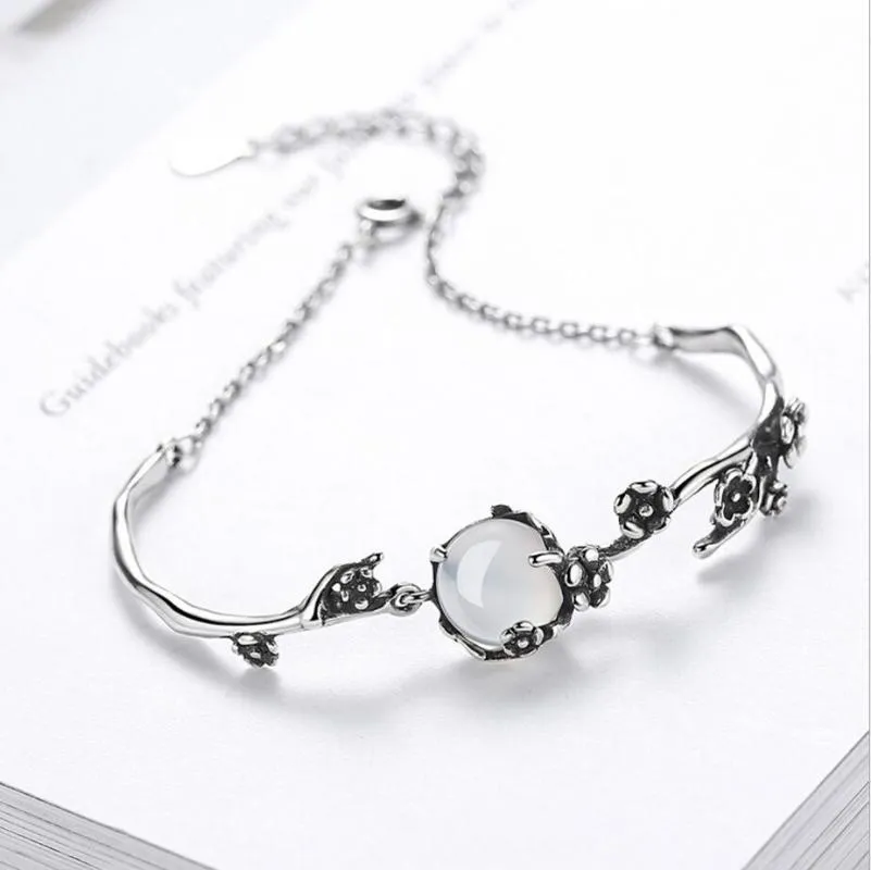 Charm Bracelets Stamp Silver Color Bracelet Vintage Fashion Thai Moonlight Stone Plum Flower Chain Linked For Women Bangle JewelryCharm