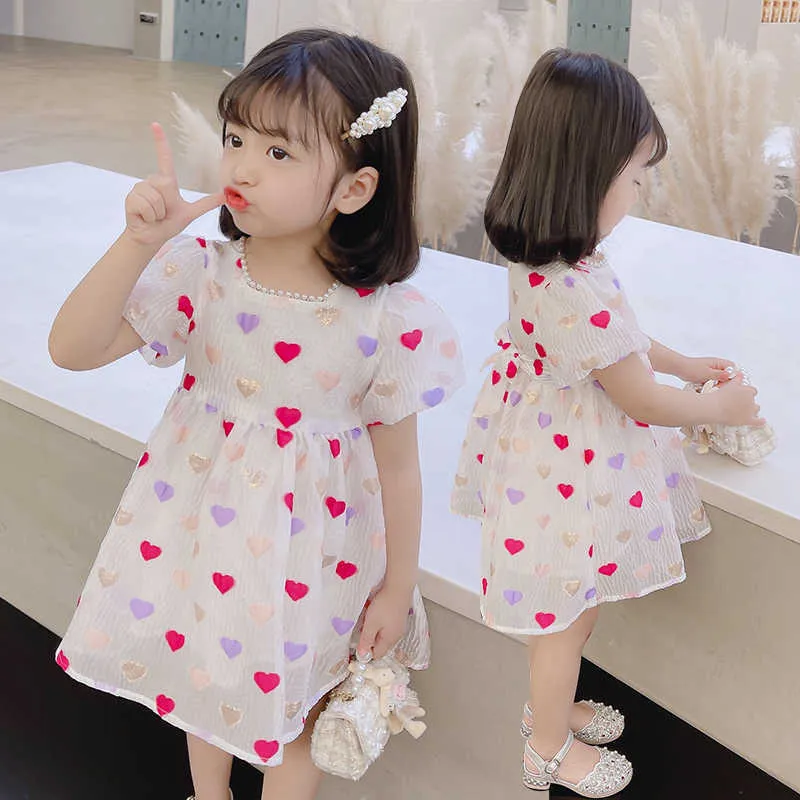 Girl's Summer Print Dresses for Girls Princess Dress 2-7 år Puff Sleeve Party Tutu Fluffy Fairy Child Vestidos New Kids Costume 0131