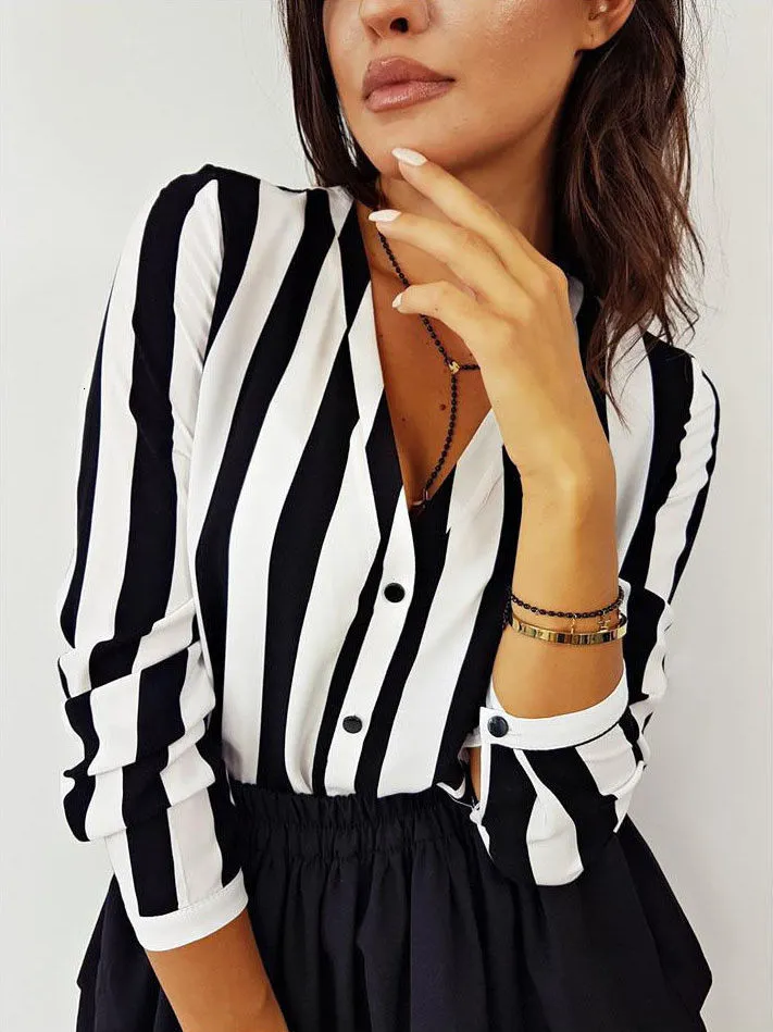 Women's TShirt Summer Sexy Women Striped Shirt Black White Elegant V Neck Button Blouse OL Casual Loose Tops Vintage Camisa Feminina 230131