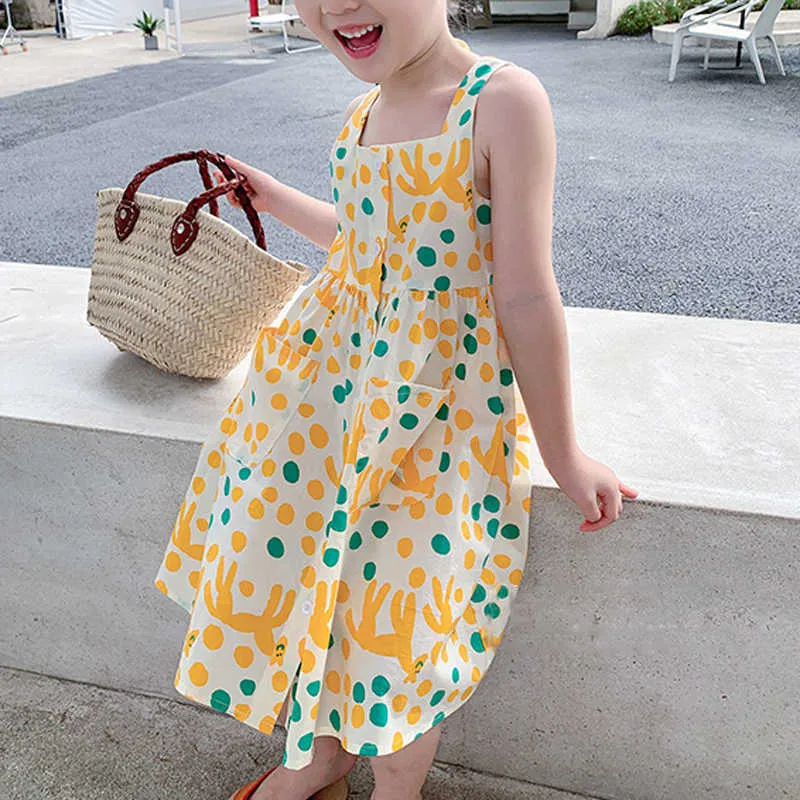 Cute Girls Summer Dress Sleeveless Floral Sundress, Pocket Detail,  Lightweight Cotton, Perfect for Vacation Play, Buy Now!