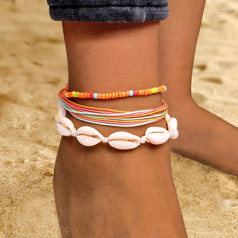 anklets meetvii 3pcs手作り織りボボシェルアンクレットセットファッションシックな夏のワックススレッドブレスレットアンクル