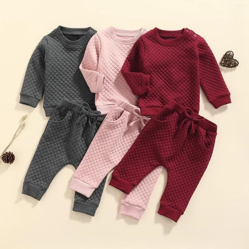 Zestawy odzieży 2PCS Dzieci jesień dresowy stały kolor grube długie rękawy pullover topy swobodne spodnie dla małych chłopców dziewczęta 0-24 miesiące