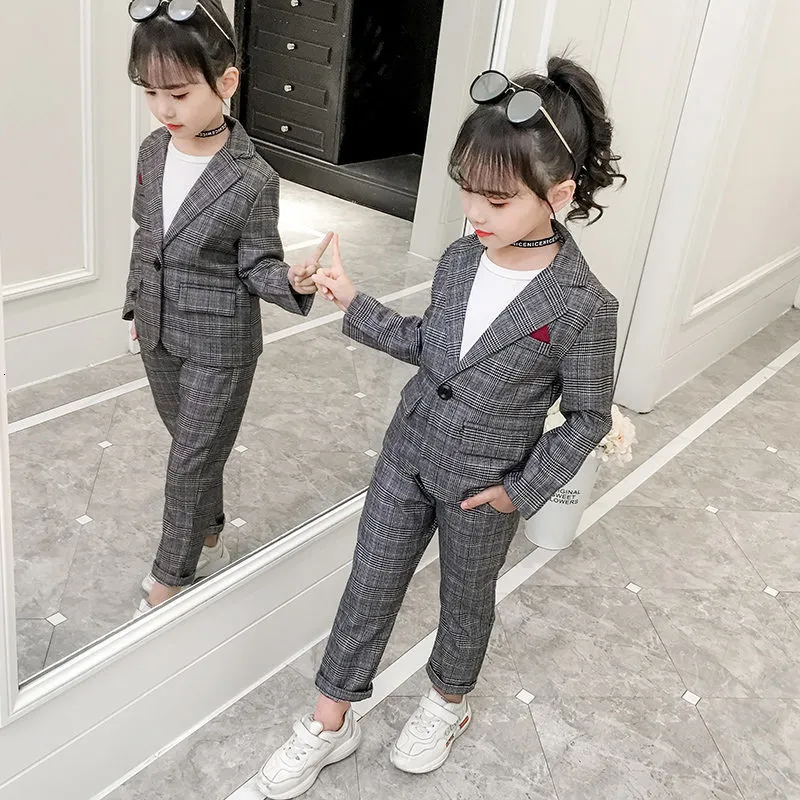 Suits Fashion Wedding Kids Suit for Girls Formal Pant Suits for Teenagers  2PCS Blazer Set Brand Plaid Children Blazer 4 5 7 9 11 13T 230131
