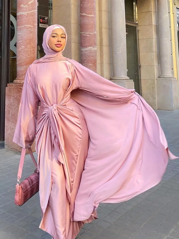 Roupas étnicas 2 peças correspondentes a conjuntos muçulmanos vestido hijab eid acetin abayas for women dubai aberto abaya peru vestidos internos roupas do islã africano 230131