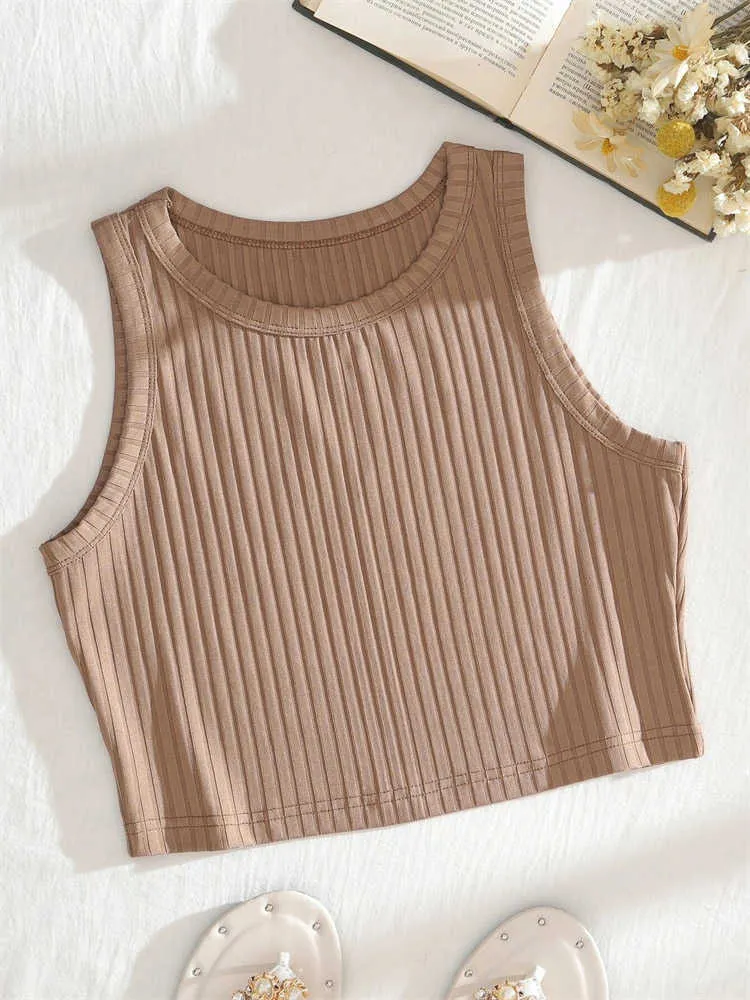 Tanques femininos Camis Camis Brown Brown Solid Rib-mior Top Top Tampo de verão Sleesess Grunge Crop Top Harajuku Baby Cute Y2K STREETHEATA PLAY STREETHEATE VENDO Y2302