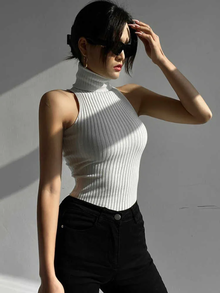 Tank Top White Cropped Turtleneck Top Women's Sexy Knit Tank Top