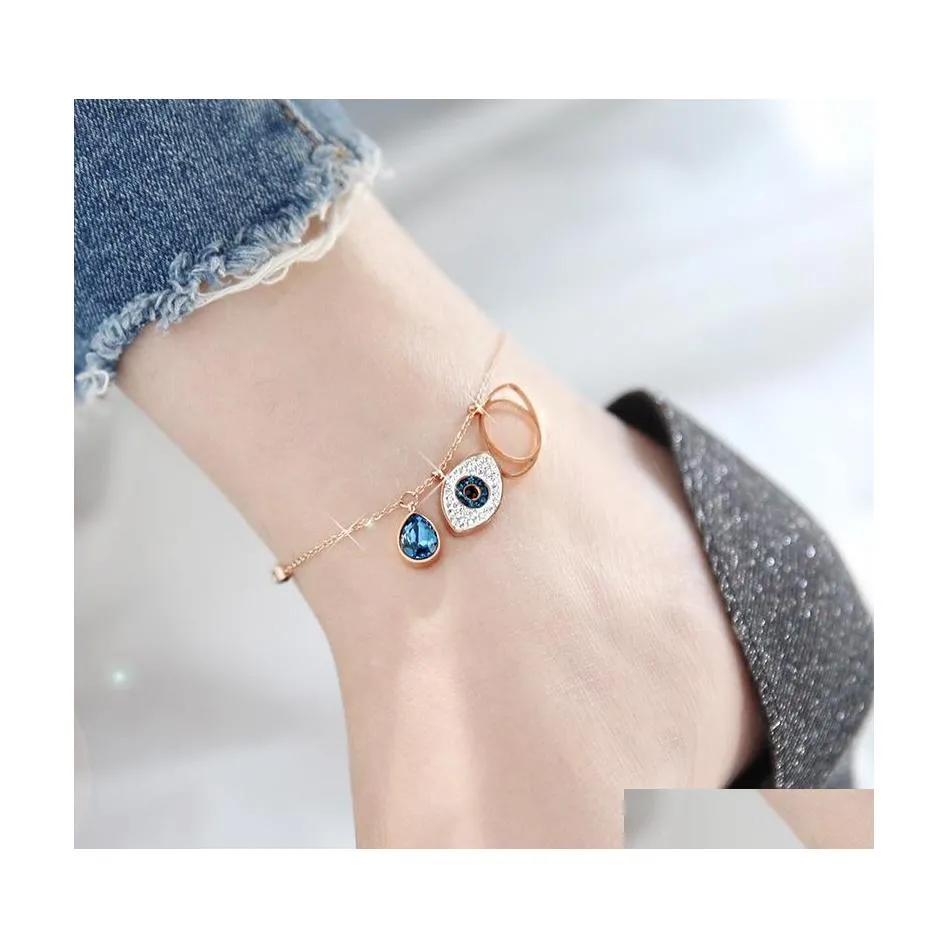 Anklets Fashion Jewelry Titanium Steel Evil Eye Anklet For Women Blue Eyes Charms Pendant Rose Gold Chain Drop Delivery Dhlac