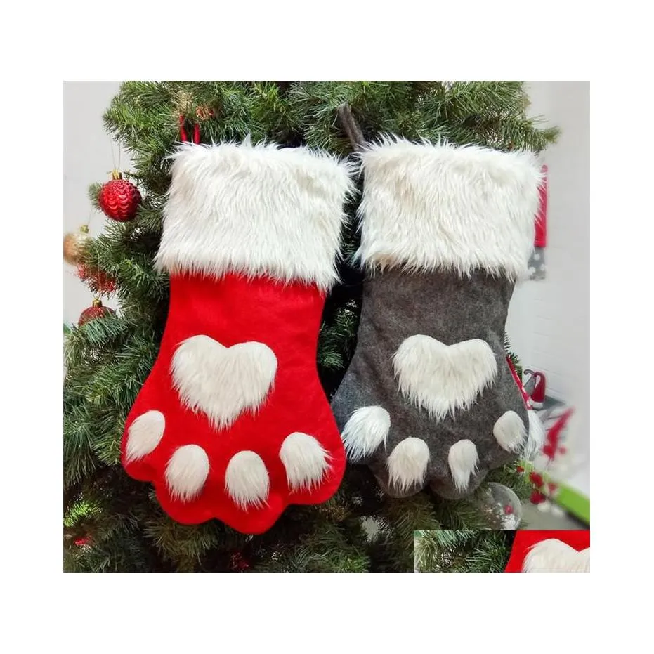 Party Favor Christmas Dog Cat Paw Strumpa Hanging Socks Tree Ornament Decor Hosiery Plush Xmas Kdis Gift Candy Bag Drop Delivery Ho Otaod