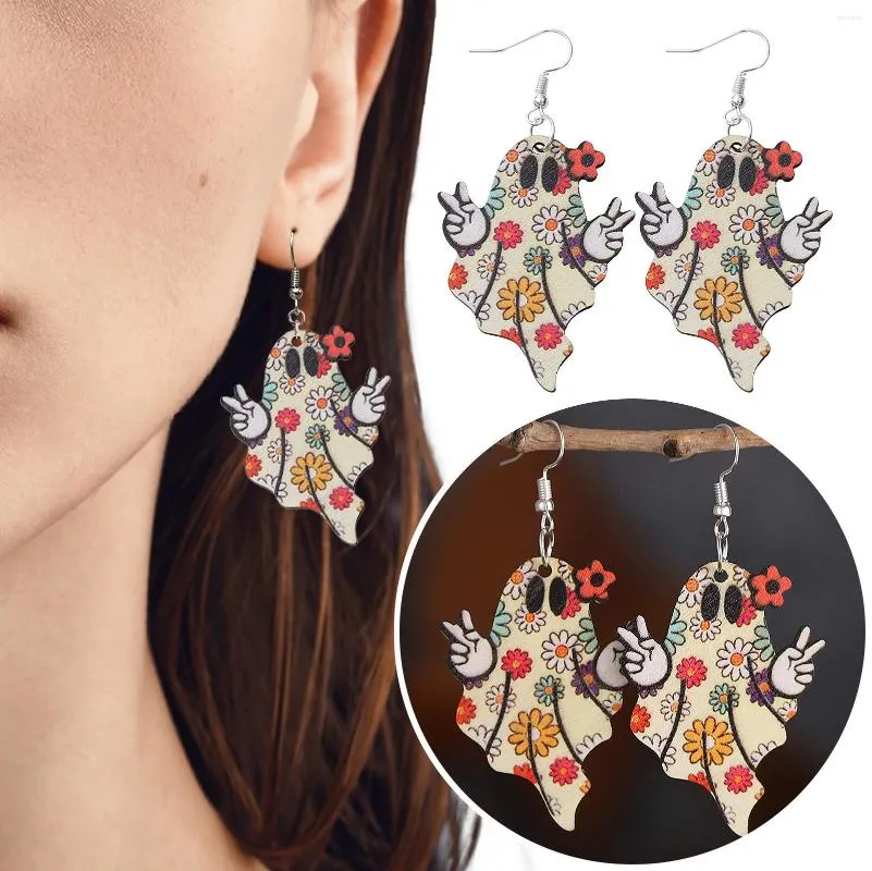 Oorringen Retro Stijl Kleurrijke Bloemen Leuke Leuke Dubbelzijdige Houten Kleine Dangle Vrouwen Oorbel