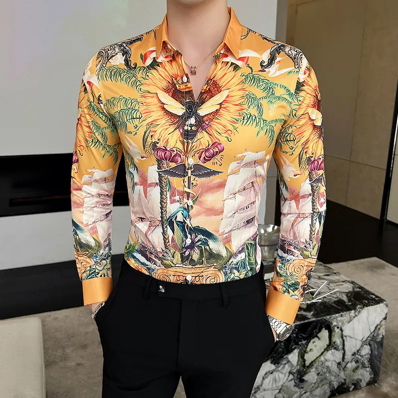 Мужские повседневные рубашки хлопковые цветочные принципы с длинным рукавом Slim Flower Print Press Press Camisa Masculina S4XL 230201