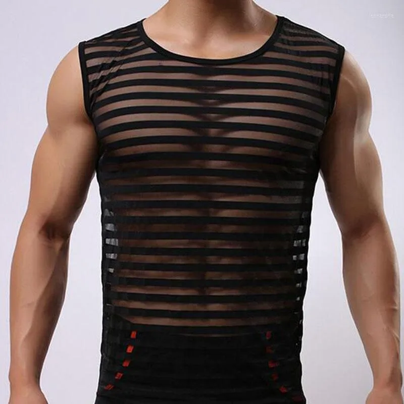 Men's Tank Tops Men Top Mesh See-Through Stripe Bodybuilding Vest Fashion Sexy O-Neck Sleeveless Undershirt Tees