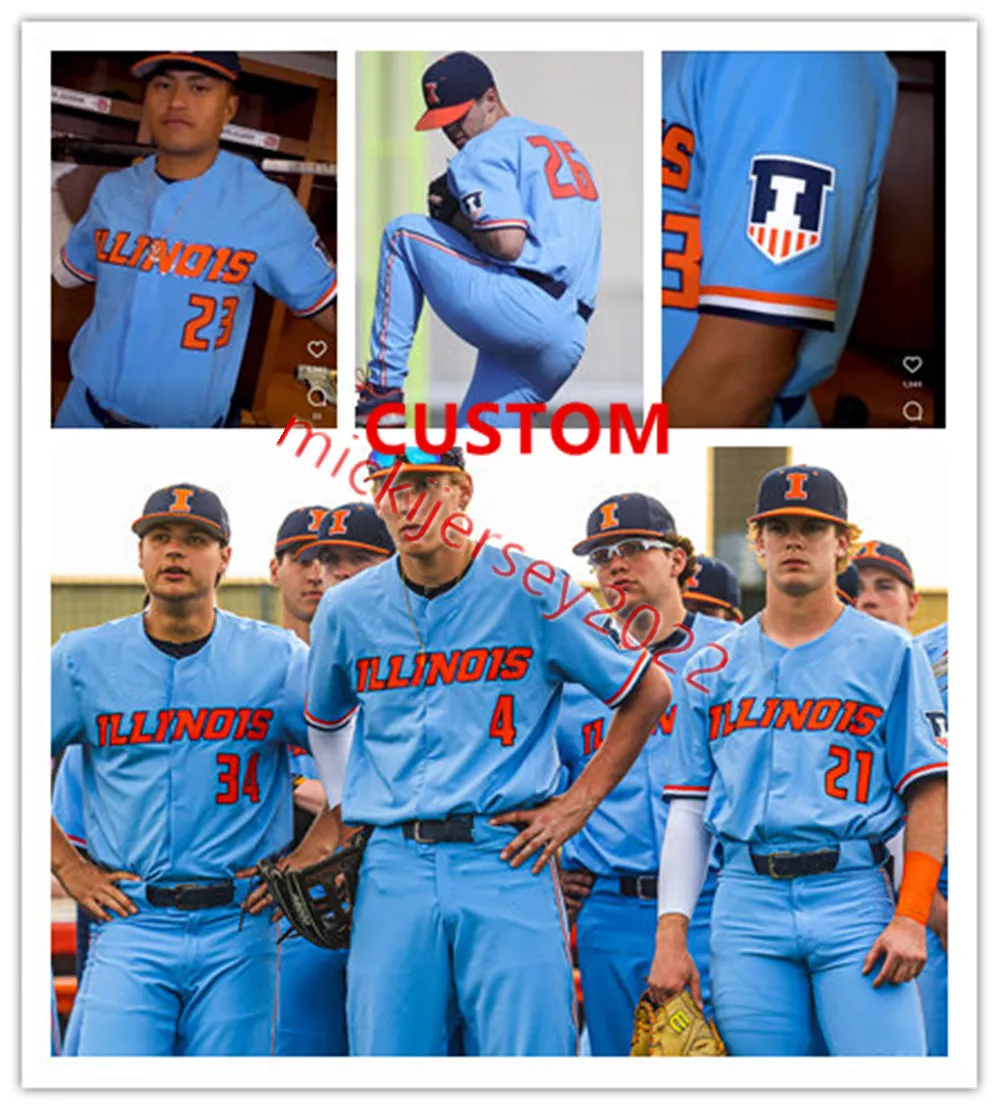 James Baseball Illinois Fighting Illini Baseball-Trikot, individuell genäht, Jugend, Branden Comia Cam, McDonald, Danny Doligale, Jacob Campbell, Brody Harding