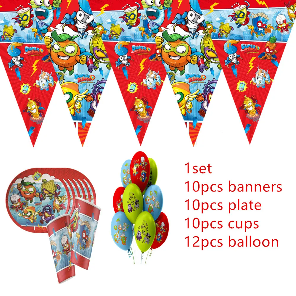 Einweggeschirr Superzings Themenpartyzubehör Geschirrset Pappteller Tasse Stroh Latex Ballon Spielzeug 230131