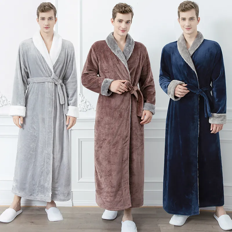 Men's Robes Men Plus Size Long Warm Flannel Fur Bathrobe Mens Winter Sleepwear Male Hooded Zipper Bath Robe Women Coral Dressing Gown 230131