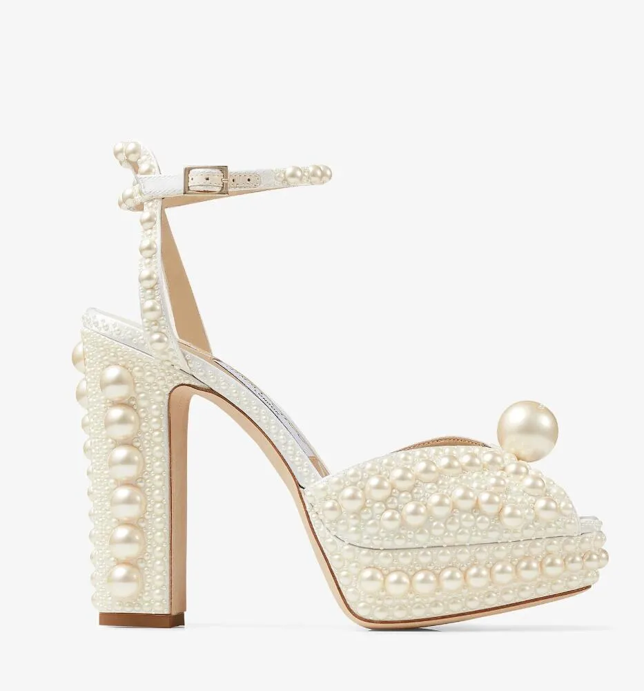 Elegant Bridal Wedding Dress Shoes Sacora Lady Sandals White Pearls Leather Luxury Brands High Heels Women Walking Origianal Box,EU35-43