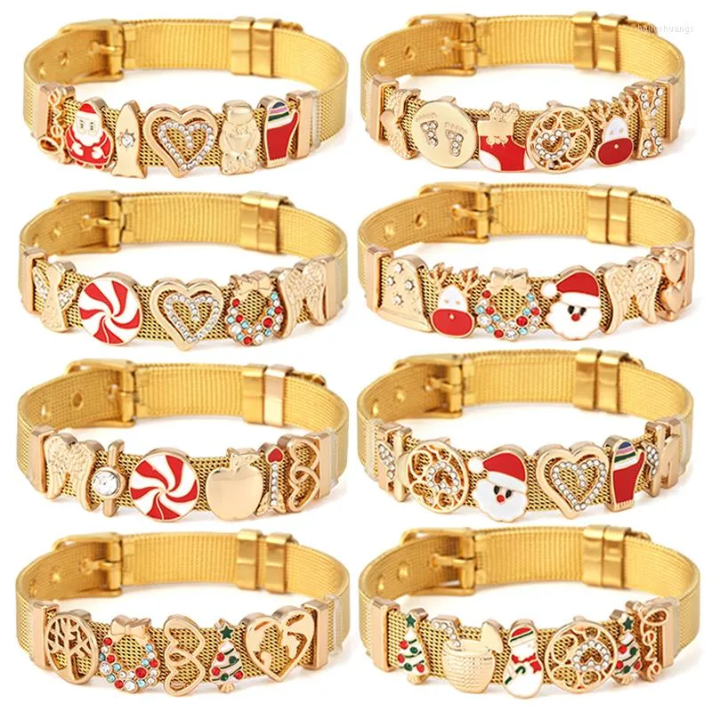 Bedelarmbanden gouden kleur kerstman claus sneeuwpop herten schuif kralen passen roestvrijstalen mesh armband voor vrouwen mannen kerstjuwelen cadeau