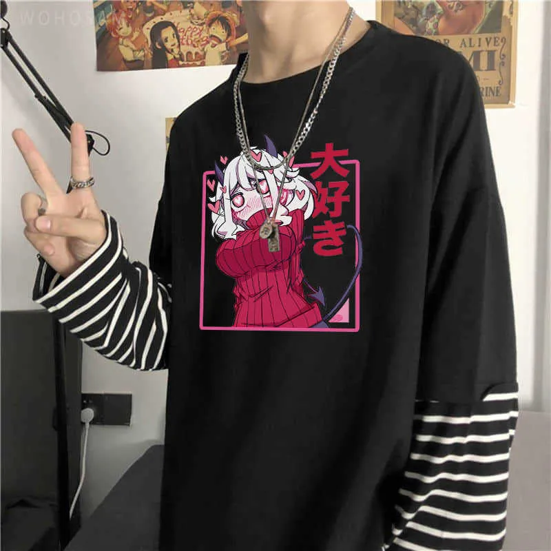 THERTS للرجال 2021 HELLTAKER CEREBUS BEELZEBUB Long Sleeve T Shirts Top Men Harajuku Cartoon Funny Demongirl Love Girl Summer Striped Thirt Thirt Y2302