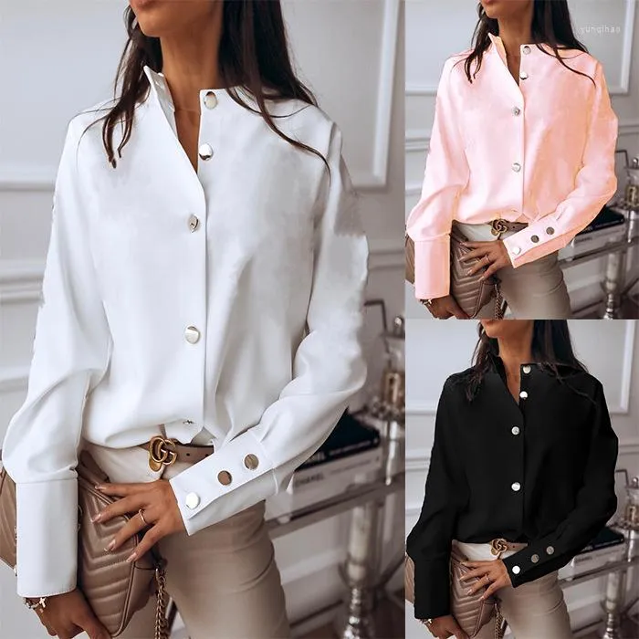 Camicette da donna Camicetta elegante a collo alto Camicia bianca a maniche lunghe Office Ladies Top Casual Solid monopetto Donna Top da donna