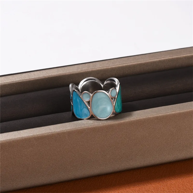 Joidar Glazed Colorful Sea-Blue Ring Niche Design Spanish Minority Cut-out Fashion All-Match smycken Tillbehör