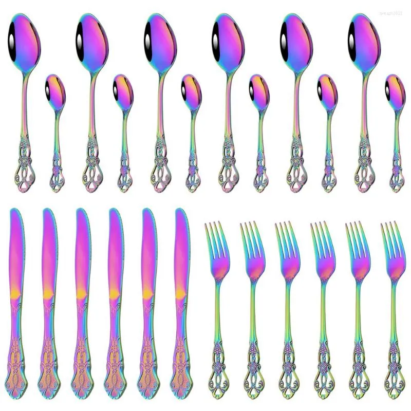 Conjuntos de utensílios de jantar 24pcs defina colorida espelho de aço inoxidável Faca faca de faca de chá de chá de talheres de mesa de mesa de mesa de mesa