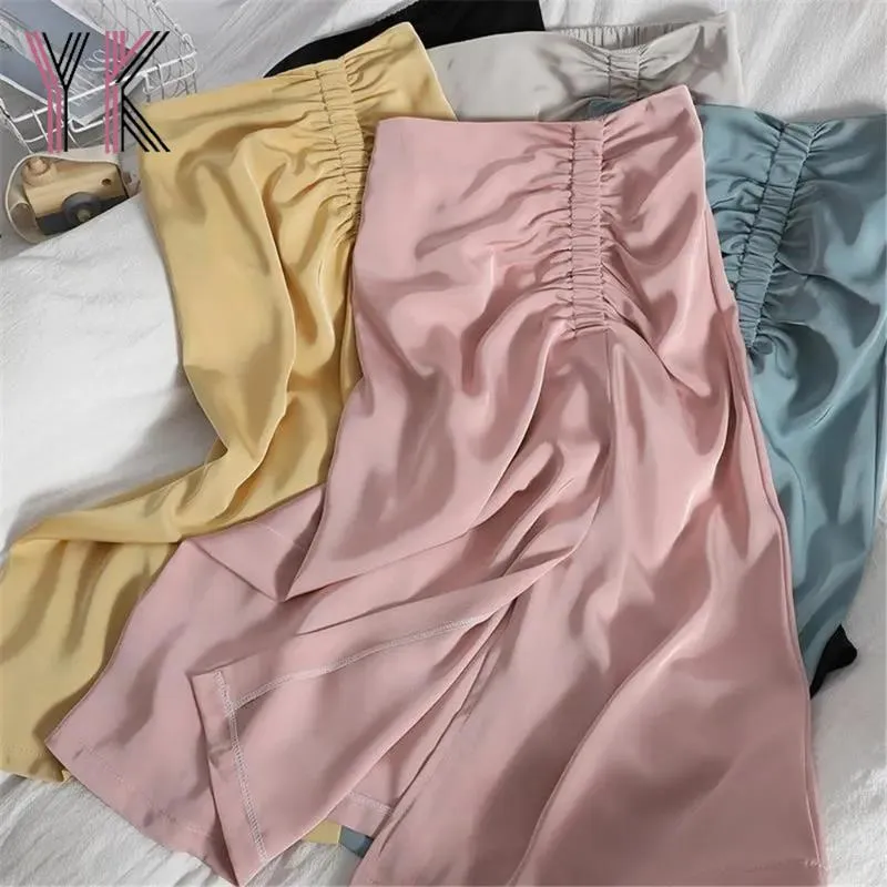 Faldas con abertura rosa elástica plisada Midi falda verano elegante moda coreana delgada Color caramelo sólido largo 2023 limpio dulce mujer Saia