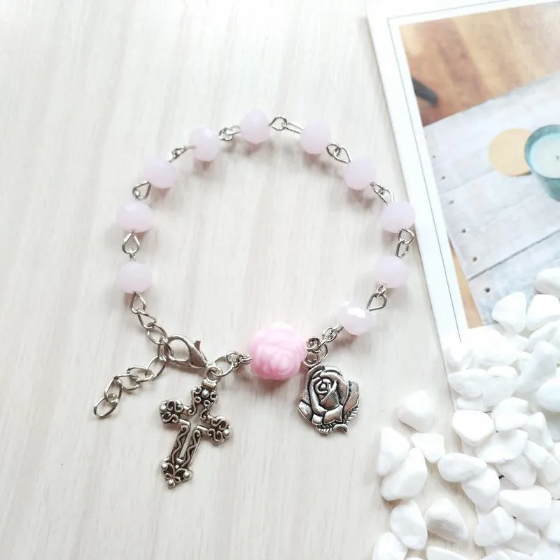 Länkarmband religiösa katolska rosa kristallbön pärlor kedja radband armband kors rose charms smycken dop bekräftelse gåvor