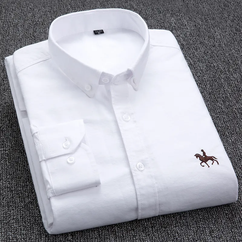 Fritidsskjortor för män 100 % bomull Oxford långärmad broderad häst utan ficka Solid Gul klänning Herr Plus Size 5XL6XL 230131