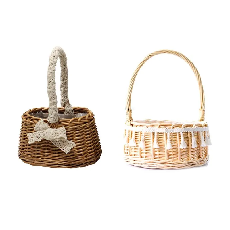 Garden Supplies Other 2 Pcs Hand-Woven Small Flower Baskets With Lace Handles Wicker Wood Chip Simulation Basket 12X9X9Cm & 20X32Cm