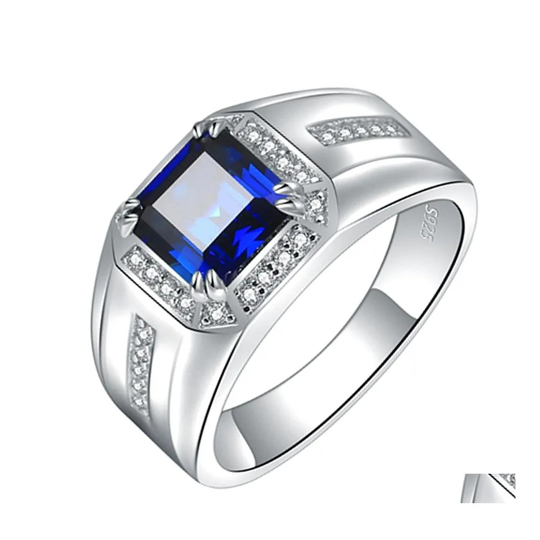 With Side Stones Men Diamond Rings Platinum Plated Tanzanite Blue Corundum Mens Women Ring Love Wedding Engagement Drop Delivery Jewe Dhmlf