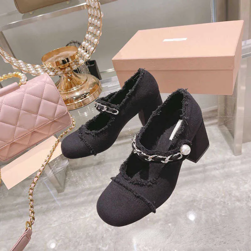 العلامة التجارية غير الرسمية الأحذية 2023 Spring New Lace Twill Denim Round Cheel Heel High Heel أحذية مفردة الحجم 35-42