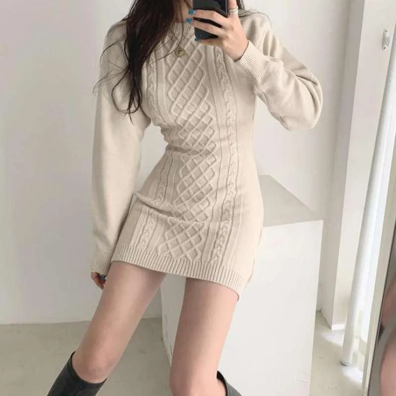 Vestidos casuales elegante Otoño Invierno suéter básico vestido mujeres sólido Bodycon Mini mujer Jumper cuello redondo Delgado tejido manga larga X894